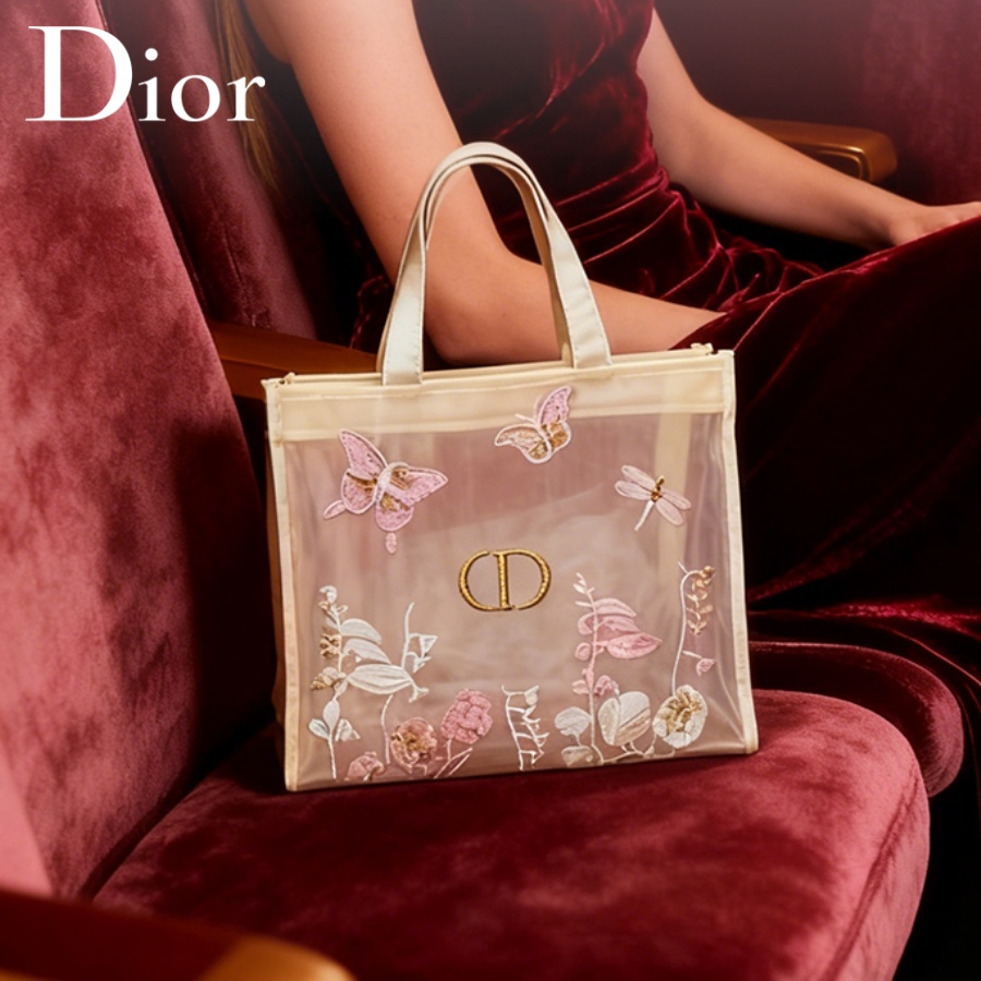 Women Accessories Organizer - กระเป๋าคริสเตียน ดิออร์ ดิออร์ กระเป๋าดีไซน์หรูหรา กระเป๋าแต่งหน้าตาข่ายกึ่งโปร่งใส ลายผีเสื้อ