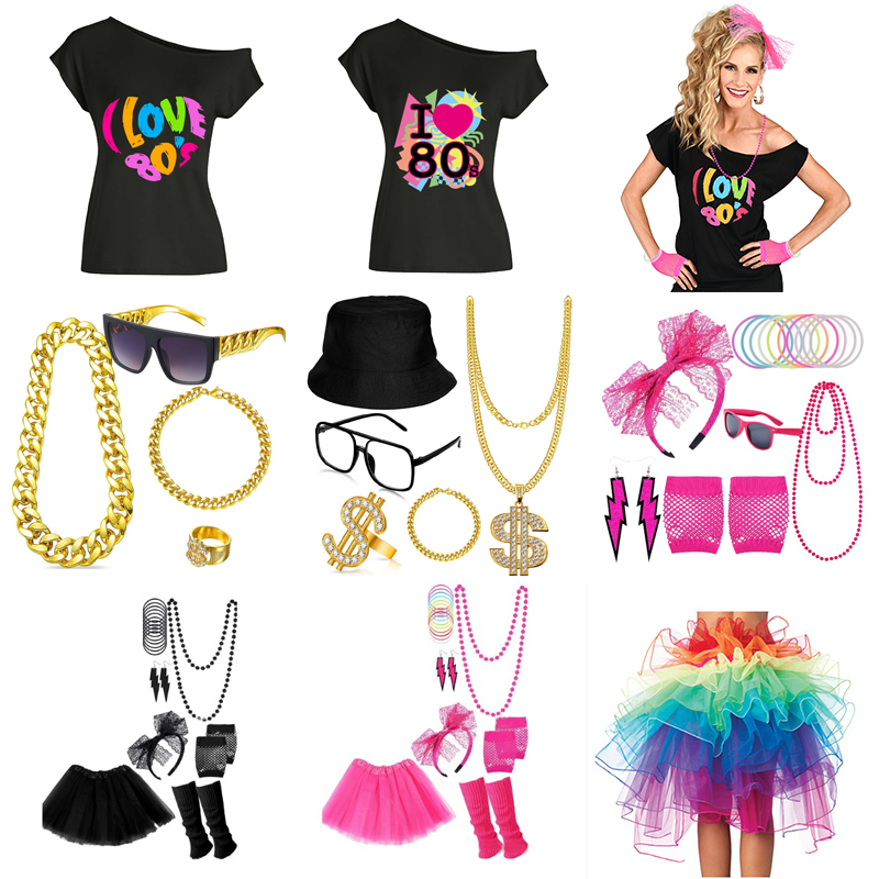 Women'S Accessories In The 80S - ชุดแฟนซี80S ชุดย้อนยุคผู้หญิงกระโปรงบัลเล่ต์ผู้ใหญ่ถุงมือ Fishnet ลูกปัดสร้อยคอต่างหู
