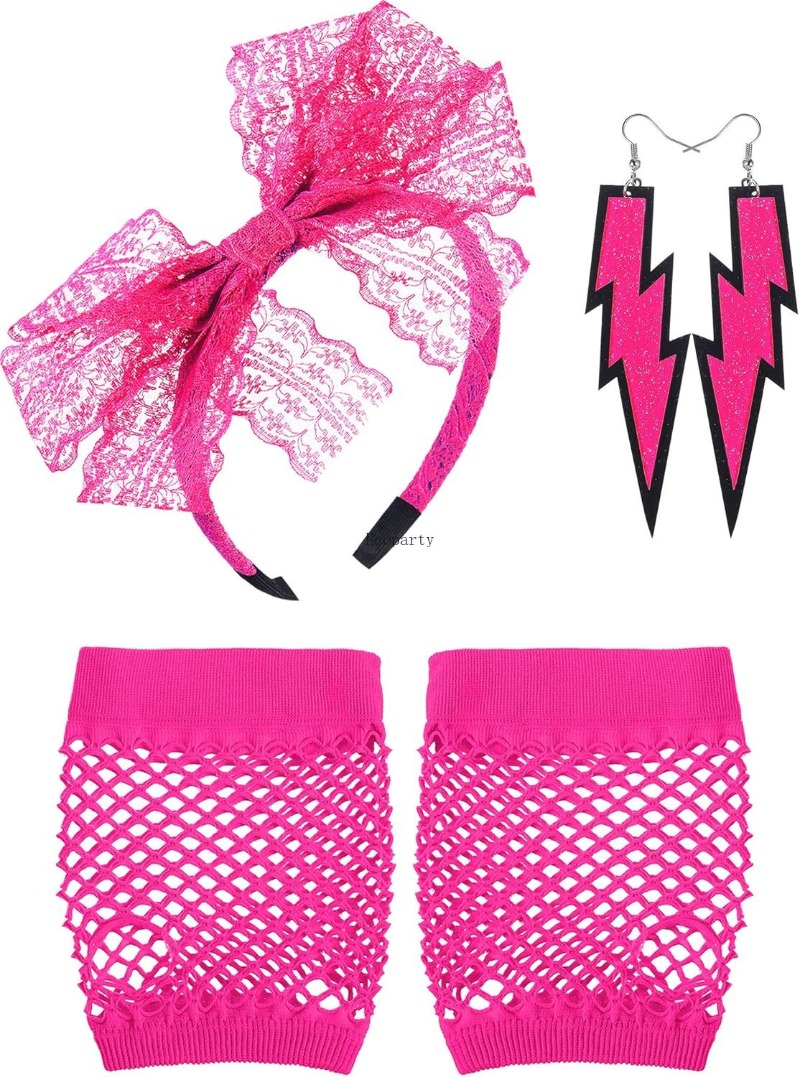 Women'S Accessories In The 80S - บลูลู 80s อุปกรณ์เสริมสำหรับผู้หญิง ที่คาดผมลูกไม้ ต่างหูนีออน ถุงมือตาข่าย