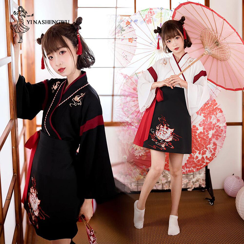 Women'S Kimono Accessories - ชุดญี่ปุ่นKimonoผู้หญิงสีดำสีขาวแมวกระโปรงเย็บปักถักร้อยVintageเสื้อผ้าเอเชียYukata Haoriคอสเพลย์ปาร์ตี้2ชิ้นชุด
