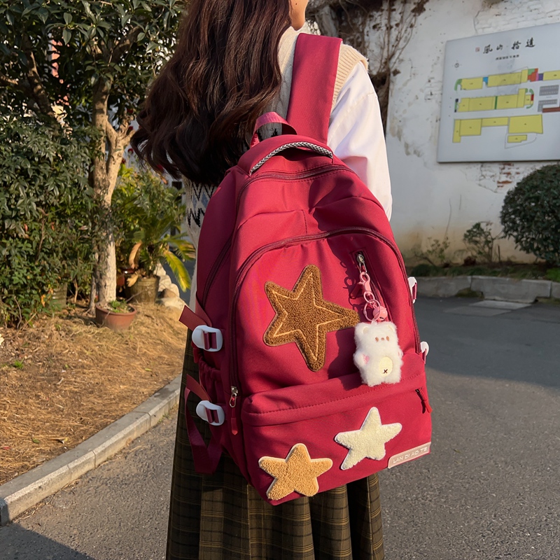 Women Accessories Aesthetic - กระเป๋าเป้สีพื้นน่ารักสไตล์คาวาอี้ น้ำหนักเบา พร้อมพวงกุญแจตกแต่งน่ารัก เหมาะสำหรับอุปกรณ์การเรียนกลับไปเรียนมหาวิทยาลัย