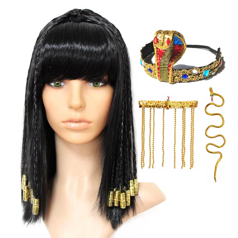 Women Accessories In Egypt - วิกผมคลีโอพัตรา ผู้หญิง ราชินีแห่งอียิปต์ ผมสีดำ ลูกปัดสีทอง อุปกรณ์เสริมคลีโอพัตรา