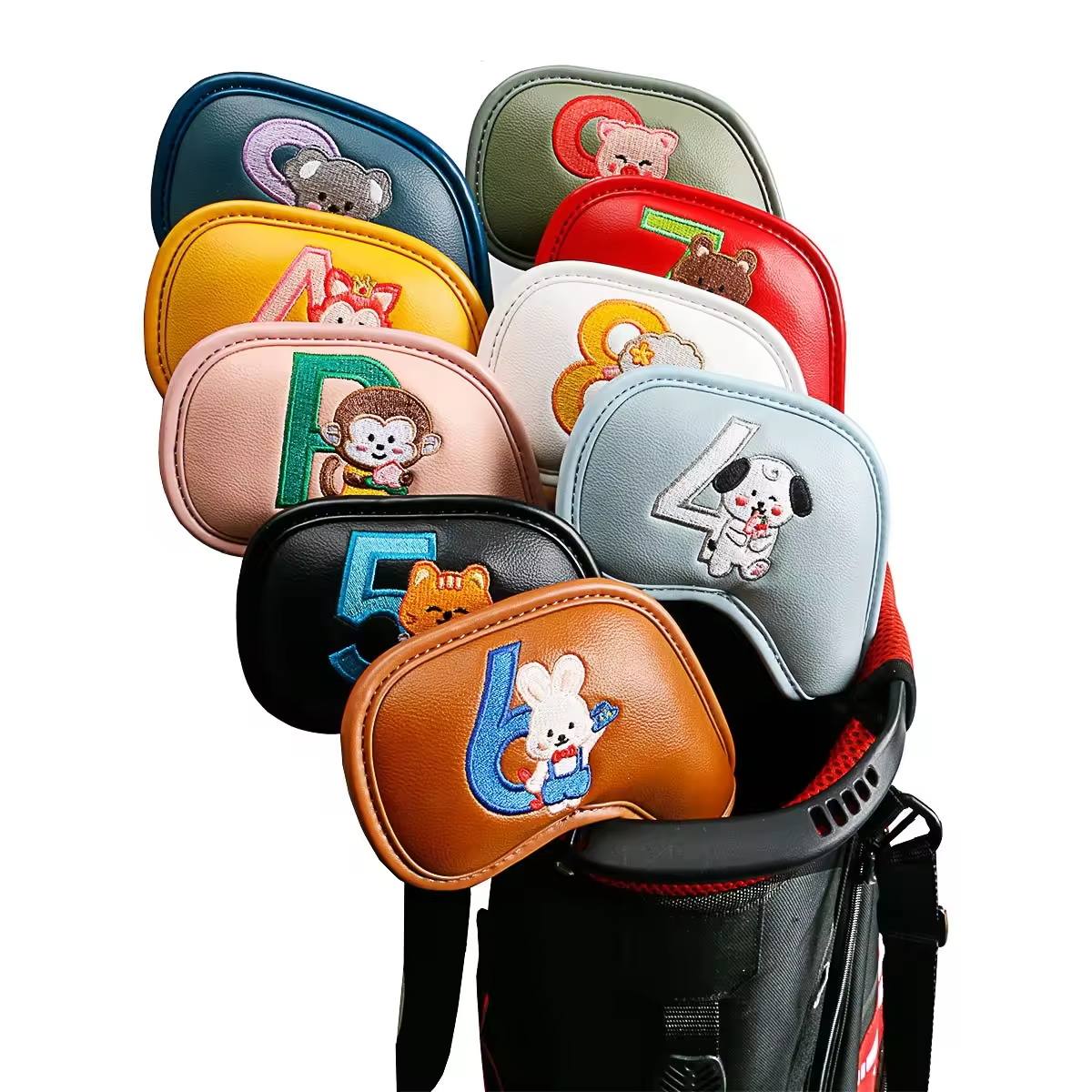 Women Accessories Gift - ชุดคลุมหัวไม้กอล์ฟลายการ์ตูนสัตว์น่ารัก 9 ชิ้น, วัสดุหนัง PU ปักลาย,