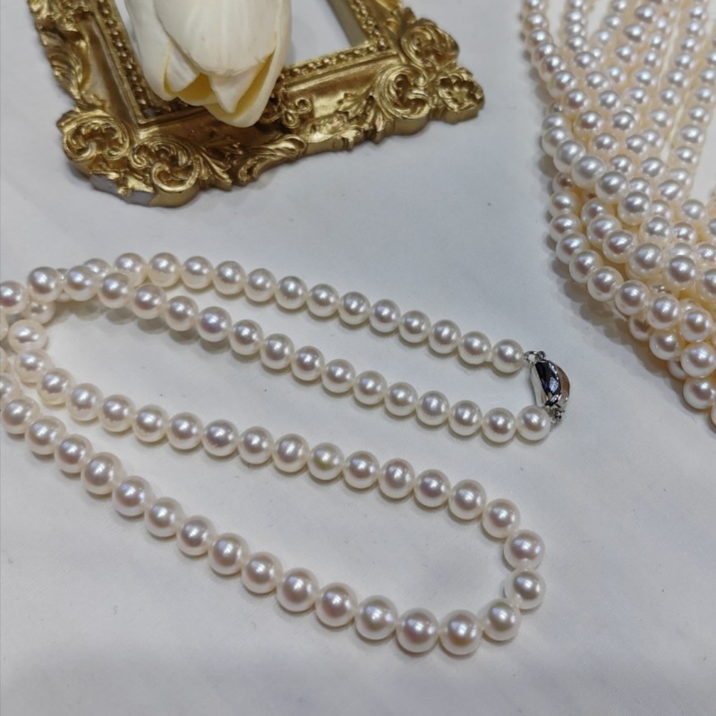 Women'S Accessories Manufacturers - สร้อยไข่มุกธรรมชาติขนาด 18 นิ้ว 6-8 มม., ไข่มุกสีขาวเงางามทรงกลม,
